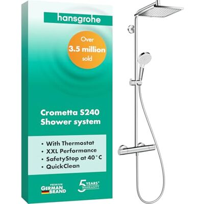 Hansgrohe Crometta E Duschsystem mit Thermostat, Regendusche (240 x 240 mm) mit Armatur, Handbrause (2 Strahlarten), Schlauch, Brausestange und eckiger Kopfbrause (1 Strahlart), Chrom, 27271000 Hansgrohe Crometta E Duschsystem mit Thermostat, Regendusche (240 x 240 mm) mit Armatur, Handbrause (2 Strahlarten), Schlauch, Brausestange und eckiger Kopfbrause (1 Strahlart), Chrom, 27271000