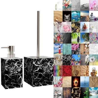 Sanilo Badezimmer Set, Seifenspender und WC Bürste mit Motiv, große Auswahl, Klobürste ohne Bohren, schöne Designs (Marmor Schwarz) Sanilo Badezimmer Set, Seifenspender und WC Bürste mit Motiv, große Auswahl, Klobürste ohne Bohren, schöne Designs (Marmor Schwarz)