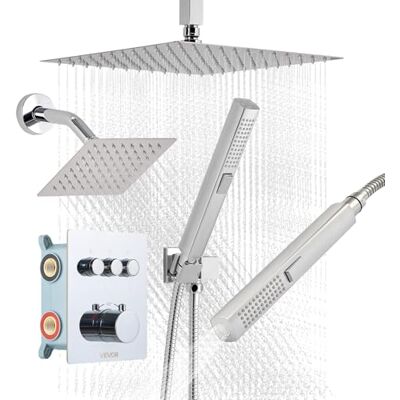 VEVOR Duschsystem-Set mit 12 Zoll Regenduschsystem / 6 Zoll Wandmontagekopf / 2 in 1 Handbrause, drehbarer Doppelregenkopf (3 Funktionen), Messingventil und Verkleidungssatz, Chrom thermostatisch VEVOR Duschsystem-Set mit 12 Zoll Regenduschsystem / 6 Zoll Wandmontagekopf / 2 in 1 Handbrause, drehbarer Doppelregenkopf (3 Funktionen), Messingventil und Verkleidungssatz, Chrom thermostatisch