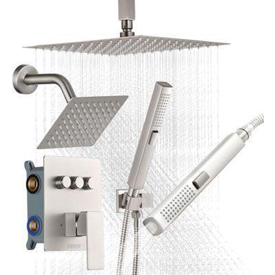 VEVOR Duschsystem-Set inkl. 10 Zoll Regenduschsystem / 6 Zoll Wandmontagekopf / 2 in 1 Handbrause, drehbarer Doppelregenkopf (3 Funktionen), Messingventil und Verkleidungssatz, gebürstetes Nickel VEVOR Duschsystem-Set inkl. 10 Zoll Regenduschsystem / 6 Zoll Wandmontagekopf / 2 in 1 Handbrause, drehbarer Doppelregenkopf (3 Funktionen), Messingventil und Verkleidungssatz, gebürstetes Nickel