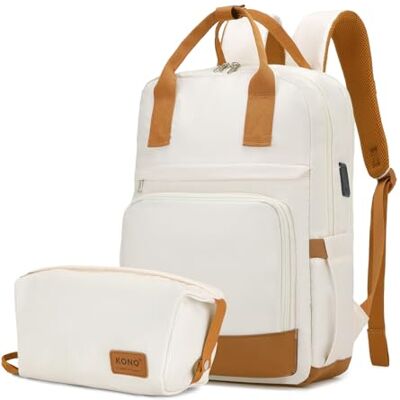KONO Rucksack Damen, Groß Laptop Rucksack Schulrucksack Laptoptasche Backpack Wasserdichter für Studenten Reisen Arbeit Frauen(weiß) KONO Rucksack Damen, Groß Laptop Rucksack Schulrucksack Laptoptasche Backpack Wasserdichter für Studenten Reisen Arbeit Frauen(weiß)