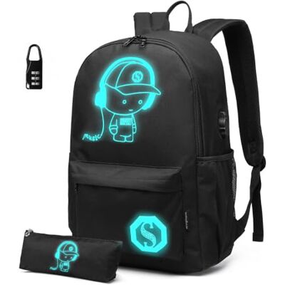KONO Schulrucksack Jungen Mädchen Rucksack mit nachtleuchtendem Comic-Motiv USB Ladeanschluss & Zahlenschloss, Leicht und Wasserabweisend, 15.6 Zoll Laptopfach für Schule KONO Schulrucksack Jungen Mädchen Rucksack mit nachtleuchtendem Comic-Motiv USB Ladeanschluss & Zahlenschloss, Leicht und Wasserabweisend, 15.6 Zoll Laptopfach für Schule