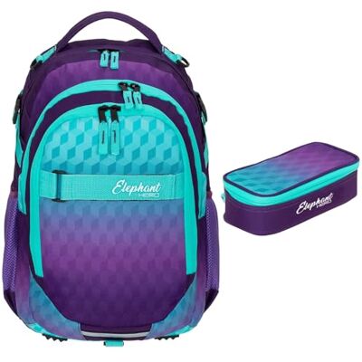 Elephant 2tlg. Set Schulrucksack Hero + Mäppchen 12868 Violet Cube rm Mädchen Lila Türkis Rucksackset Mäppchenbox 2Teile Schule Rucksack mit Stifteetui Elephant 2tlg. Set Schulrucksack Hero + Mäppchen 12868 Violet Cube rm Mädchen Lila Türkis Rucksackset Mäppchenbox 2Teile Schule Rucksack mit Stifteetui