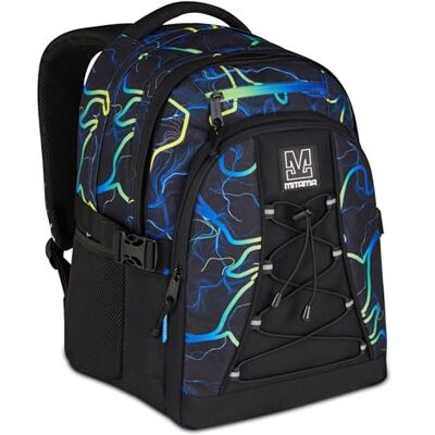 Mitama Schulrucksack für Schule, Oberstufe, #BDBF BlueEnergy, drei Fächer, Extra Stauraum, Mädchen und Jungen, Trinkflaschenfach und Laptopfach, gepolstertes Rückenteil, schwarz Mitama Schulrucksack für Schule, Oberstufe, #BDBF BlueEnergy, drei Fächer, Extra Stauraum, Mädchen und Jungen, Trinkflaschenfach und Laptopfach, gepolstertes Rückenteil, schwarz
