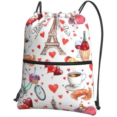 YYHHAOFA Love Paris Tower Fahrrad-Rucksack mit Herz-Aufdruck, Kordelzug, Reißverschluss, langlebig, leicht, wasserabweisend, Turnbeutel für Reisen, Sport und Alltag YYHHAOFA Love Paris Tower Fahrrad-Rucksack mit Herz-Aufdruck, Kordelzug, Reißverschluss, langlebig, leicht, wasserabweisend, Turnbeutel für Reisen, Sport und Alltag