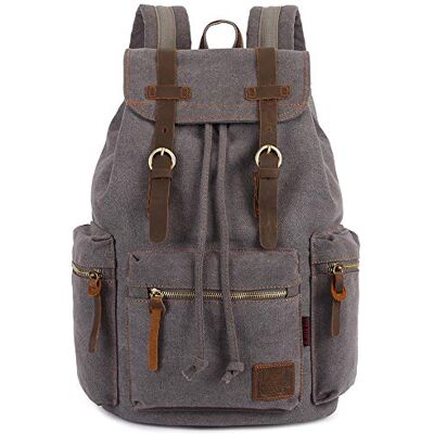 KAUKKO Vintage Casual Rucksack aus Canvas und Leder 27 cm * 16 cm * 41 cm Grau KAUKKO Vintage Casual Rucksack aus Canvas und Leder 27 cm * 16 cm * 41 cm Grau