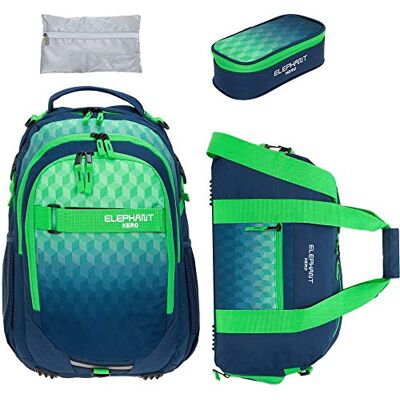 Elephant 4 Teile Set Schulrucksack Signature Auswahl 12810 Green Cube rsmr Hero Rucksack Grün Blau + Sporttasche + Mäppchen + Regencover Regenschutz Elephant 4 Teile Set Schulrucksack Signature Auswahl 12810 Green Cube rsmr Hero Rucksack Grün Blau + Sporttasche + Mäppchen + Regencover Regenschutz