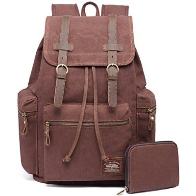 KAUKKO Vintage Casual Rucksack aus Canvas und Leder 27 cm * 16 cm * 41 cm Kaffee KAUKKO Vintage Casual Rucksack aus Canvas und Leder 27 cm * 16 cm * 41 cm Kaffee