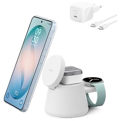 Belkin UltraCharge 3-in-1 Induktive Ladestation mit Qi2, 25W – Weiß Belkin UltraCharge 3-in-1 Induktive Ladestation mit Qi2, 25W – Weiß