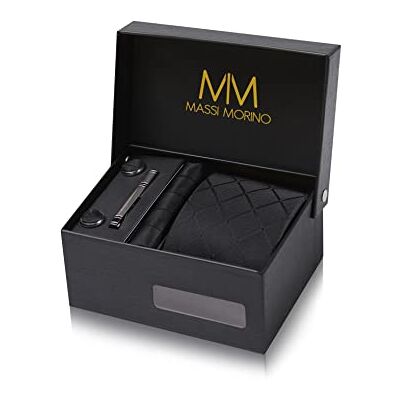 Massi Morino Krawatte mit Einstecktuch Set Herren inkl. Manschettenknöpfe, Krawattennadel und Geschenkbox Männer Krawattenset zur Hochzeit Massi Morino Krawatte mit Einstecktuch Set Herren inkl. Manschettenknöpfe, Krawattennadel und Geschenkbox Männer Krawattenset zur Hochzeit