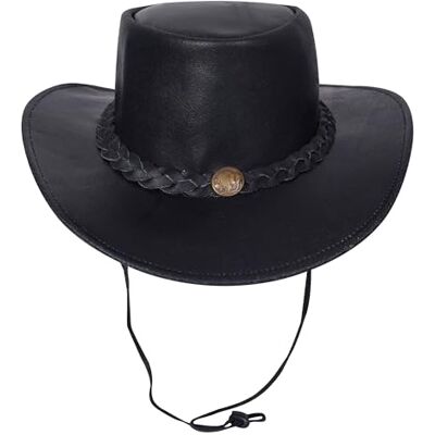 URBAN 5884 Cowboyhut aus echtem Leder, Western-Hut aus Rindsleder mit Verstellbarer Krempe und Kinnriemen Schwarz, S URBAN 5884 Cowboyhut aus echtem Leder, Western-Hut aus Rindsleder mit Verstellbarer Krempe und Kinnriemen Schwarz, S