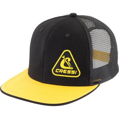 CRESSI Trucker Flat Cap Black/Yellow Sportliche und Funktionelle Trucker Kappe mit flachem Schirm, mit atmungsaktiven Mesh Einsätzen und PVC Verschluss hinten, Schwarz/Gelb, Einheitsgröße Unisex CRESSI Trucker Flat Cap Black/Yellow Sportliche und Funktionelle Trucker Kappe mit flachem Schirm, mit atmungsaktiven Mesh Einsätzen und PVC Verschluss hinten, Schwarz/Gelb, Einheitsgröße Unisex