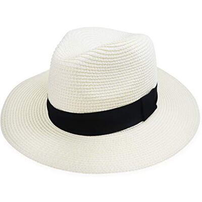 DRESHOW Damen Panama Hut Breiter Krempe Stroh Sommer Fedora Strohhut Panama Aufrollen Hut Strand Rollbar UV Sonnenhut UPF 50 + DRESHOW Damen Panama Hut Breiter Krempe Stroh Sommer Fedora Strohhut Panama Aufrollen Hut Strand Rollbar UV Sonnenhut UPF 50 +
