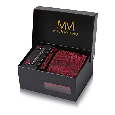 Massi Morino Krawatte mit Einstecktuch Set Herren inkl. Manschettenknöpfe, Krawattennadel und Geschenkbox Männer Krawattenset zur Hochzeit Massi Morino Krawatte mit Einstecktuch Set Herren inkl. Manschettenknöpfe, Krawattennadel und Geschenkbox Männer Krawattenset zur Hochzeit