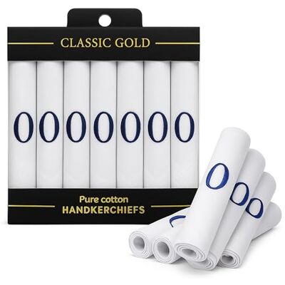DUDU N GIRLIE Herren-Taschentücher aus weißem Satin, mit blauen bestickten Initialen, Einheitsgröße, 7 Stück DUDU N GIRLIE Herren-Taschentücher aus weißem Satin, mit blauen bestickten Initialen, Einheitsgröße, 7 Stück