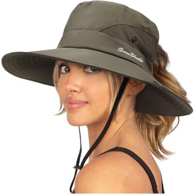DRESHOW Damen Sonnenhut Outdoor UV-Schutz Hut faltbar Mesh breite Krempe Angeln Pferdeschwanz Strand Eimer Hüte DRESHOW Damen Sonnenhut Outdoor UV-Schutz Hut faltbar Mesh breite Krempe Angeln Pferdeschwanz Strand Eimer Hüte