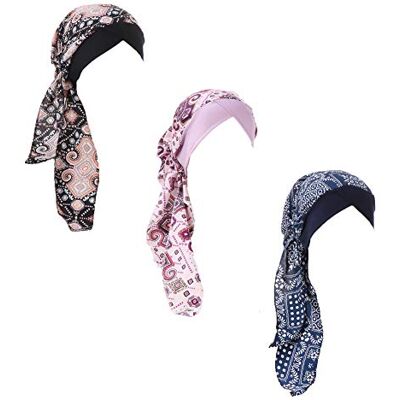 Qovelly Vorgebundener Chemo-Kopftuch, 3er-Pack, Beanie-Totenkopf-Abdeckkappe für Damen (Set6-langer Stil), L17-3 Stück, Einheitsgröße Qovelly Vorgebundener Chemo-Kopftuch, 3er-Pack, Beanie-Totenkopf-Abdeckkappe für Damen (Set6-langer Stil), L17-3 Stück, Einheitsgröße