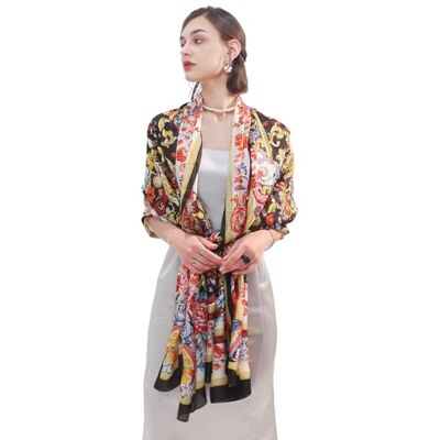 DANA XU Sommer-Reise-Schal aus 100% Maulbeer-Satin-Seide, extra groß, für Damen, Blumenmuster, Übergröße, weiche Wickeltücher für Abendkleider, B 12 Gold & Schwarz, 90 * 43.3 inches (2.3 * 1.1m) DANA XU Sommer-Reise-Schal aus 100% Maulbeer-Satin-Seide, extra groß, für Damen, Blumenmuster, Übergröße, weiche Wickeltücher für Abendkleider, B 12 Gold & Schwarz, 90 * 43.3 inches (2.3 * 1.1m)