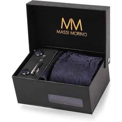Massi Morino Krawatte mit Einstecktuch Set Herren inkl. Manschettenknöpfe, Krawattennadel und Geschenkbox Männer Krawattenset zur Hochzeit Massi Morino Krawatte mit Einstecktuch Set Herren inkl. Manschettenknöpfe, Krawattennadel und Geschenkbox Männer Krawattenset zur Hochzeit