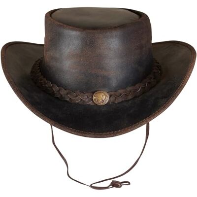 URBAN 5884 Cowboyhut aus echtem Leder, Western-Hut aus Rindsleder mit Verstellbarer Krempe und Kinnriemen Braun, M URBAN 5884 Cowboyhut aus echtem Leder, Western-Hut aus Rindsleder mit Verstellbarer Krempe und Kinnriemen Braun, M