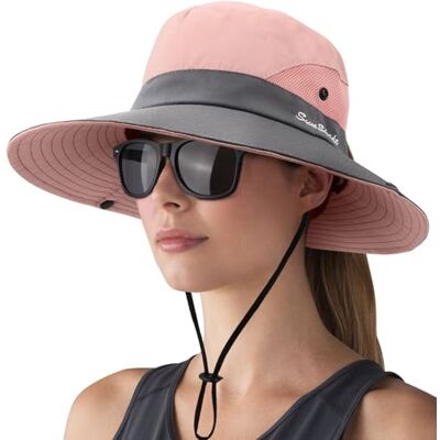 DRESHOW Damen Sonnenhut Outdoor UV-Schutz Hut faltbar Mesh breite Krempe Angeln Pferdeschwanz Strand Eimer Hüte DRESHOW Damen Sonnenhut Outdoor UV-Schutz Hut faltbar Mesh breite Krempe Angeln Pferdeschwanz Strand Eimer Hüte