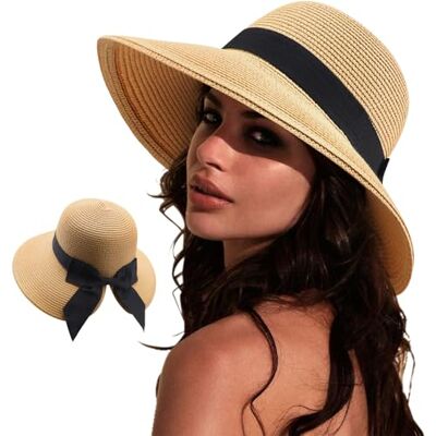 DRESHOW Sonnenhüte für Damen Reise Fedora Faltbarer Strand Sonnenhut Sommer Breite Krempe Stroh Eimer Hut mit Bowknot UPF 50+ DRESHOW Sonnenhüte für Damen Reise Fedora Faltbarer Strand Sonnenhut Sommer Breite Krempe Stroh Eimer Hut mit Bowknot UPF 50+