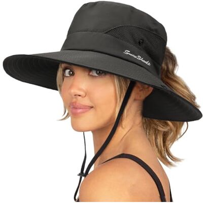 DRESHOW Damen Sonnenhut Outdoor UV-Schutz Hut faltbar Mesh breite Krempe Angeln Pferdeschwanz Strand Eimer Hüte DRESHOW Damen Sonnenhut Outdoor UV-Schutz Hut faltbar Mesh breite Krempe Angeln Pferdeschwanz Strand Eimer Hüte
