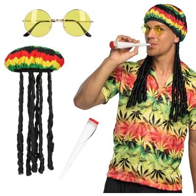 Boland 54584 Rasta Mütze im Jamaika-Look mit Haare, Brille und Zigarette, Dreadlocks, Kostüm Accessoires für Karneval, Festival und Mottoparty Boland 54584 Rasta Mütze im Jamaika-Look mit Haare, Brille und Zigarette, Dreadlocks, Kostüm Accessoires für Karneval, Festival und Mottoparty