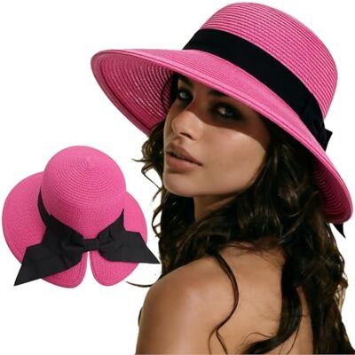 DRESHOW Sonnenhüte für Damen Reise Fedora Faltbarer Strand Sonnenhut Sommer Breite Krempe Stroh Eimer Hut mit Bowknot UPF 50+ DRESHOW Sonnenhüte für Damen Reise Fedora Faltbarer Strand Sonnenhut Sommer Breite Krempe Stroh Eimer Hut mit Bowknot UPF 50+