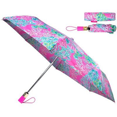 Lilly Pulitzer Damen-Reise-Regenschirm mit automatischem Öffnen/Schließen und Aufbewahrungstasche, Seaing Things, mehrfarbig, Gold Lilly Pulitzer Damen-Reise-Regenschirm mit automatischem Öffnen/Schließen und Aufbewahrungstasche, Seaing Things, mehrfarbig, Gold