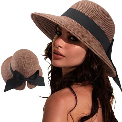 DRESHOW Sonnenhüte für Damen Reise Fedora Faltbarer Strand Sonnenhut Sommer Breite Krempe Stroh Eimer Hut mit Bowknot UPF 50+ DRESHOW Sonnenhüte für Damen Reise Fedora Faltbarer Strand Sonnenhut Sommer Breite Krempe Stroh Eimer Hut mit Bowknot UPF 50+