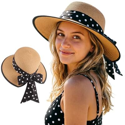 DRESHOW Sonnenhüte für Damen Reise Fedora Faltbarer Strand Sonnenhut Sommer Breite Krempe Stroh Eimer Hut mit Bowknot UPF 50+ DRESHOW Sonnenhüte für Damen Reise Fedora Faltbarer Strand Sonnenhut Sommer Breite Krempe Stroh Eimer Hut mit Bowknot UPF 50+