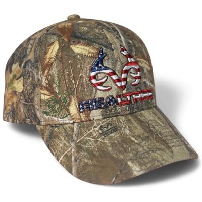 Realtree Patriotische Flaggenmütze, klassisch, vorgeformt, Schweißband, Snapback, 6 Panel, gesticktes Geweih-Logo und Markenzeichen, USA-Flaggenaufnäher, für Herren und Damen, Mütze, Camouflage Realtree Patriotische Flaggenmütze, klassisch, vorgeformt, Schweißband, Snapback, 6 Panel, gesticktes Geweih-Logo und Markenzeichen, USA-Flaggenaufnäher, für Herren und Damen, Mütze, Camouflage