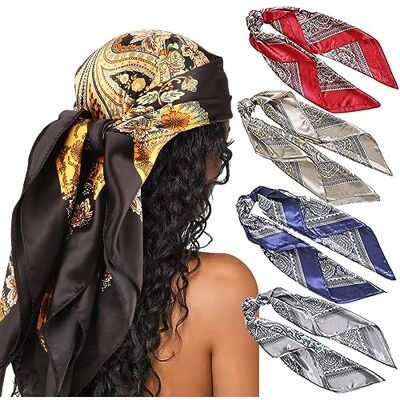 DRESHOW 90x90cm Große Quadratische Schals für Damen 4 Stück Seide Kopftuch Bandanas Haartuch Halstuch Haarschmuck DRESHOW 90x90cm Große Quadratische Schals für Damen 4 Stück Seide Kopftuch Bandanas Haartuch Halstuch Haarschmuck