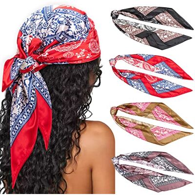 DRESHOW 90x90cm Große Quadratische Schals für Damen 4 Stück Seide Kopftuch Bandanas Haartuch Halstuch Haarschmuck DRESHOW 90x90cm Große Quadratische Schals für Damen 4 Stück Seide Kopftuch Bandanas Haartuch Halstuch Haarschmuck
