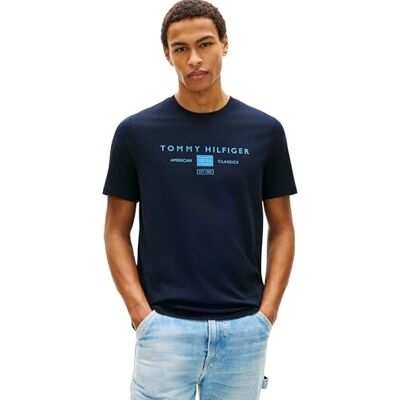 Tommy Hilfiger Herren T-Shirt Kurzarm Brand Love Mono Stack aus Baumwolle, Blau (Desert Sky), S Tommy Hilfiger Herren T-Shirt Kurzarm Brand Love Mono Stack aus Baumwolle, Blau (Desert Sky), S