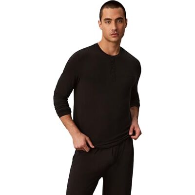 Calvin Herren Langarmshirt Modal Henley mit Knopfleiste, Schwarz (Black), S Calvin Herren Langarmshirt Modal Henley mit Knopfleiste, Schwarz (Black), S