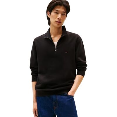Tommy Hilfiger Herren Sweatshirt mit Reißverschluss Essential Fleece 1/4 Zip Mock-Rollkragen, Schwarz (Black), S Tommy Hilfiger Herren Sweatshirt mit Reißverschluss Essential Fleece 1/4 Zip Mock-Rollkragen, Schwarz (Black), S
