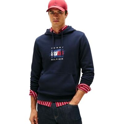 Tommy Hilfiger Herren Hoodie Linear Flag Graphic aus Baumwolle, Blau (Desert Sky), XS Tommy Hilfiger Herren Hoodie Linear Flag Graphic aus Baumwolle, Blau (Desert Sky), XS
