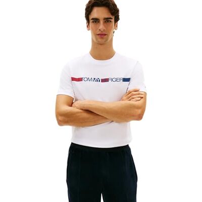 Tommy Hilfiger Herren T-Shirt Kurzarm Brand Love Stripe aus Baumwolle, Weiß (White), M Tommy Hilfiger Herren T-Shirt Kurzarm Brand Love Stripe aus Baumwolle, Weiß (White), M