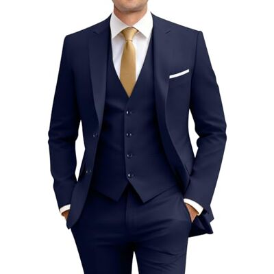 Amyox Herren Slim Fit 3-teiliger Anzug Zwei Knöpfe Business Hochzeitskleid Tux Anzug Set Jacke Weste Hosen mit Krawatte, Navy, L Amyox Herren Slim Fit 3-teiliger Anzug Zwei Knöpfe Business Hochzeitskleid Tux Anzug Set Jacke Weste Hosen mit Krawatte, Navy, L