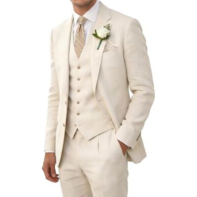 Wehilion Retro Linen Men Suit Beach Wedding Suit Summer Slim Fit 3 Pieces Light Weight Linen Suit Jacket Vest Pant Tuxedo Wehilion Retro Linen Men Suit Beach Wedding Suit Summer Slim Fit 3 Pieces Light Weight Linen Suit Jacket Vest Pant Tuxedo