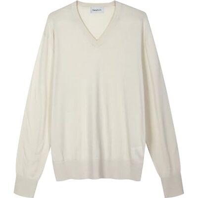 Diana Studio – Herrenpullover mit V-Ausschnitt aus extrafeiner Merinowolle und Bio-Baumwolle, Cremefarben, Größe S, Normale Passform Diana Studio – Herrenpullover mit V-Ausschnitt aus extrafeiner Merinowolle und Bio-Baumwolle, Cremefarben, Größe S, Normale Passform