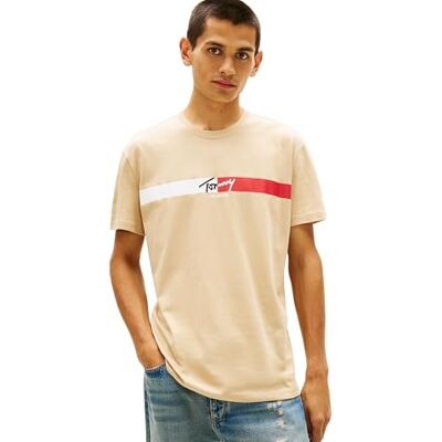 Tommy Jeans Herren T-Shirt Kurzarm Signature Stripe aus Baumwolle, Beige (Gentle Gold), S Tommy Jeans Herren T-Shirt Kurzarm Signature Stripe aus Baumwolle, Beige (Gentle Gold), S
