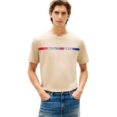 Tommy Hilfiger Herren T-Shirt Kurzarm Brand Love Stripe aus Baumwolle, Beige (Sandalwood), L Tommy Hilfiger Herren T-Shirt Kurzarm Brand Love Stripe aus Baumwolle, Beige (Sandalwood), L