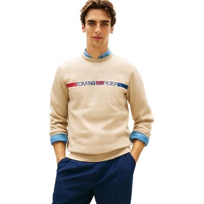 Tommy Hilfiger Herren Sweatshirt Brand Love Stripe mit Rundhalsausschnitt, Beige (Sandalwood), M Tommy Hilfiger Herren Sweatshirt Brand Love Stripe mit Rundhalsausschnitt, Beige (Sandalwood), M
