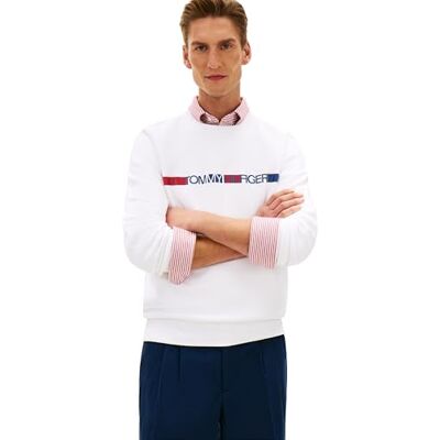 Tommy Hilfiger Herren Sweatshirt Brand Love Stripe mit Rundhalsausschnitt, Weiß (White), M Tommy Hilfiger Herren Sweatshirt Brand Love Stripe mit Rundhalsausschnitt, Weiß (White), M