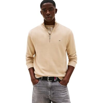 Tommy Jeans Herren Pullover mit Reißverschluss Light mit Stehkragen, Beige (Silt), XS Tommy Jeans Herren Pullover mit Reißverschluss Light mit Stehkragen, Beige (Silt), XS