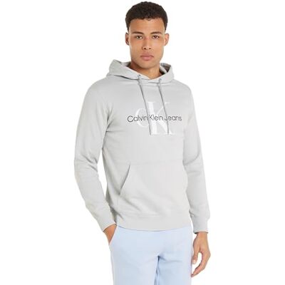 Calvin Jeans Herren Hoodie Seasonal Monologo Regular mit Kapuze, Grau (Lunar Rock), XS Calvin Jeans Herren Hoodie Seasonal Monologo Regular mit Kapuze, Grau (Lunar Rock), XS