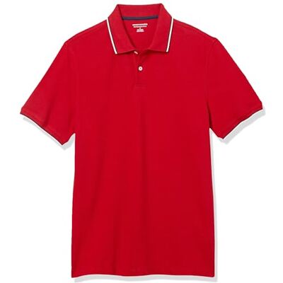 Amazon Herren Piqué-Poloshirt aus Baumwolle, Schmale Passform, Rot Thin Stripe, L Amazon Herren Piqué-Poloshirt aus Baumwolle, Schmale Passform, Rot Thin Stripe, L